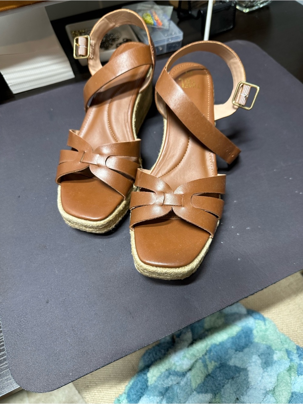 Time and Tru Brown Espadrille Wedge Sandals with Ankle Strap